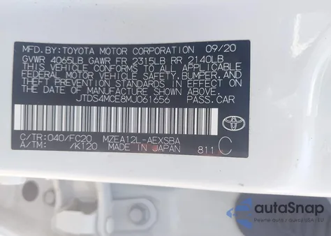 2021 Toyota Corolla Se из США, поврежденный, VIN JTDS4MCE8MJ061656